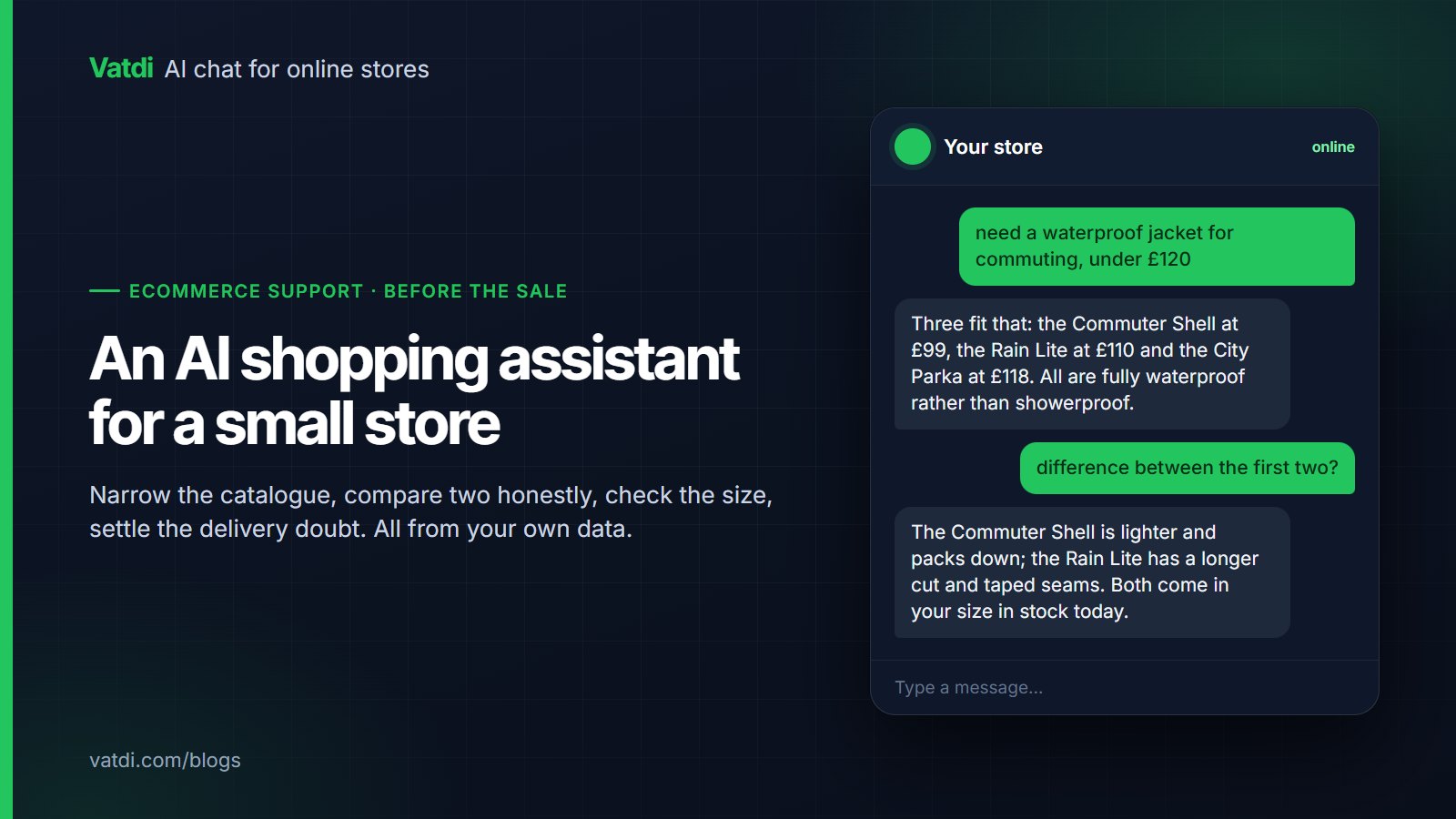 Chat conversation where a shopping assistant narrows a catalogue to three products and compares two of them