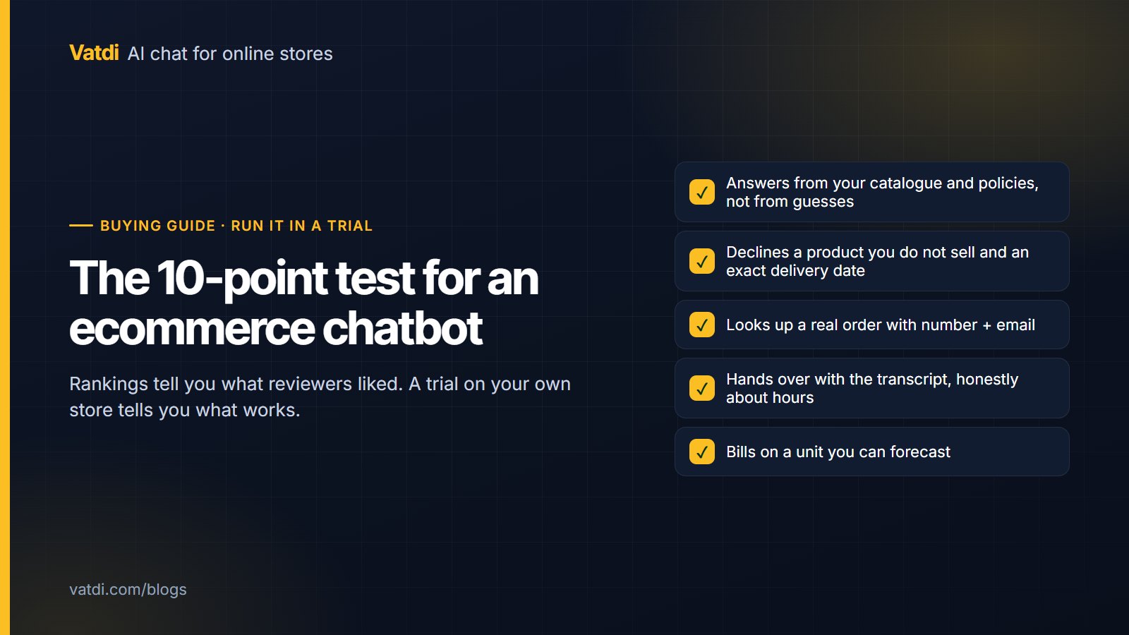 Ten-point checklist for testing an ecommerce chatbot in a trial, from own-data answers to the pricing unit
