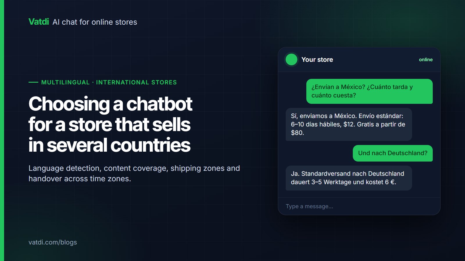 Store chat widget answering a Spanish shipping question with delivery time and cost for Mexico