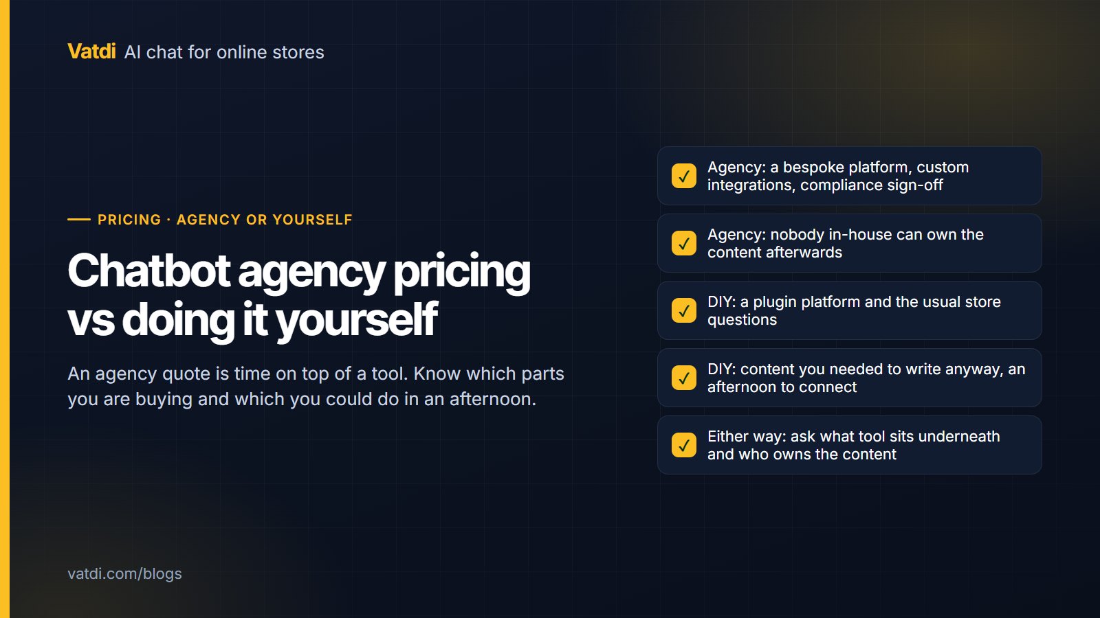 Checklist contrasting when a chatbot agency is worth paying for and when a do-it-yourself plan is the better route