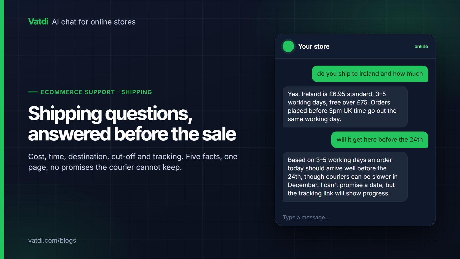 Shipping answer structure showing cost, delivery time, destination, cut-off and tracking for an online store