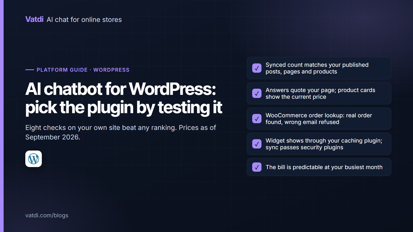 Eight-point checklist for testing an AI chatbot plugin on a WordPress site, next to the WordPress logo