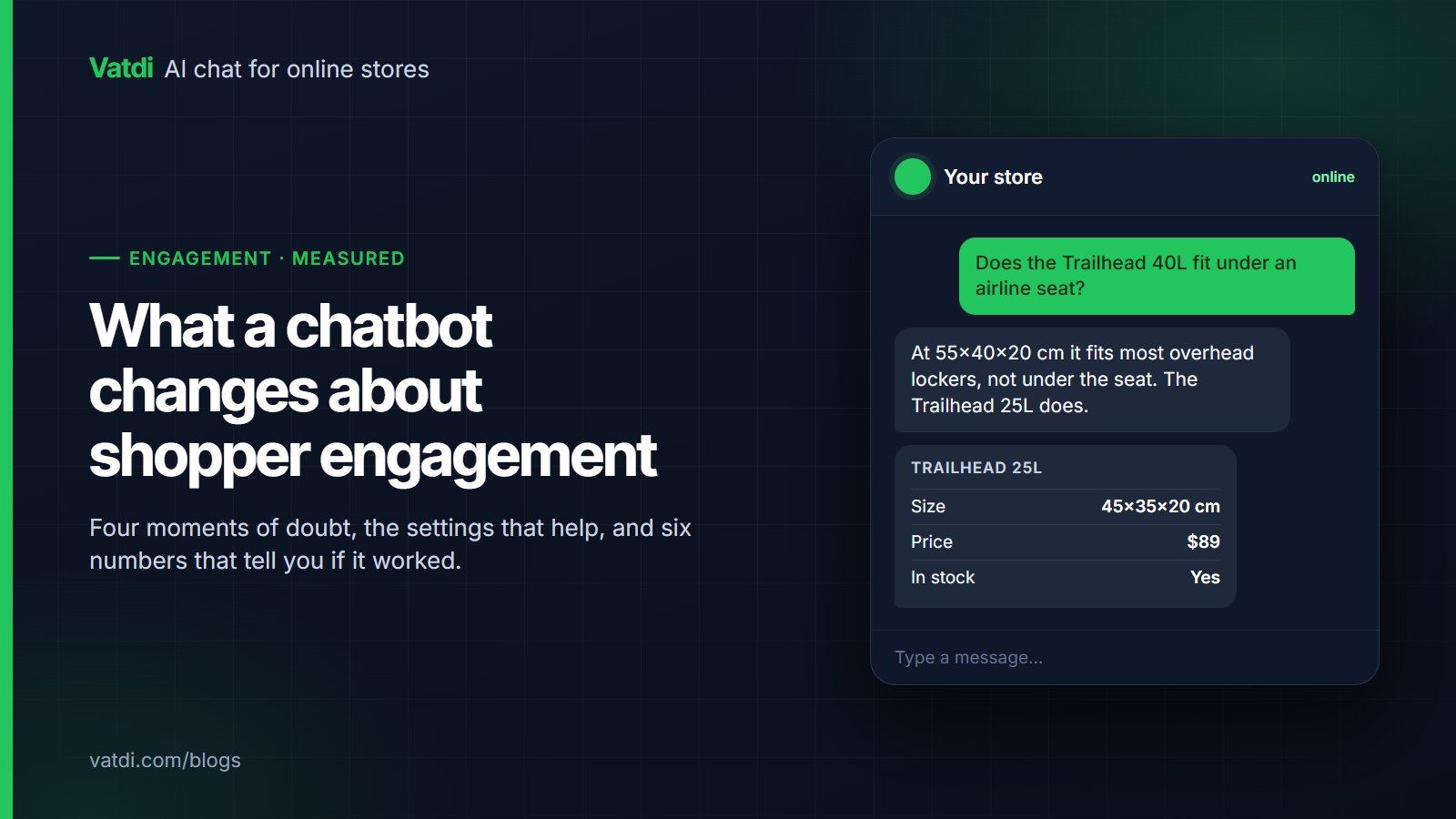 Store chat widget answering a product-page doubt about backpack size and suggesting the smaller model with price and stock