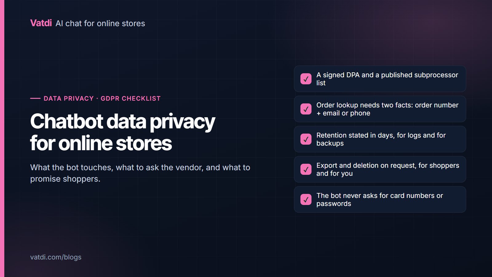Privacy checklist for a store chatbot: signed DPA, two-fact order lookup, stated retention, export and deletion