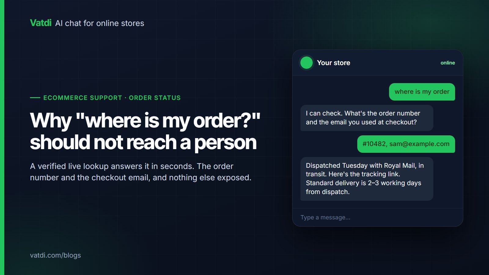 Chat conversation looking up an order by number and email and returning the status with a tracking link
