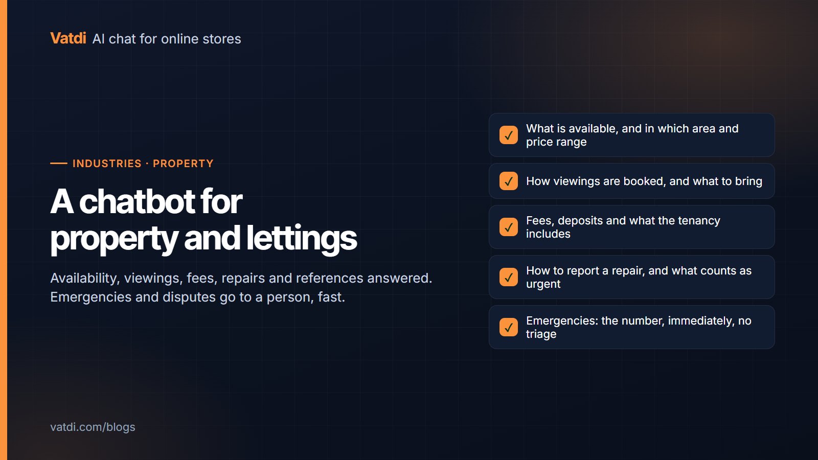 Question map for a property chatbot covering availability, viewings, fees, repairs and references