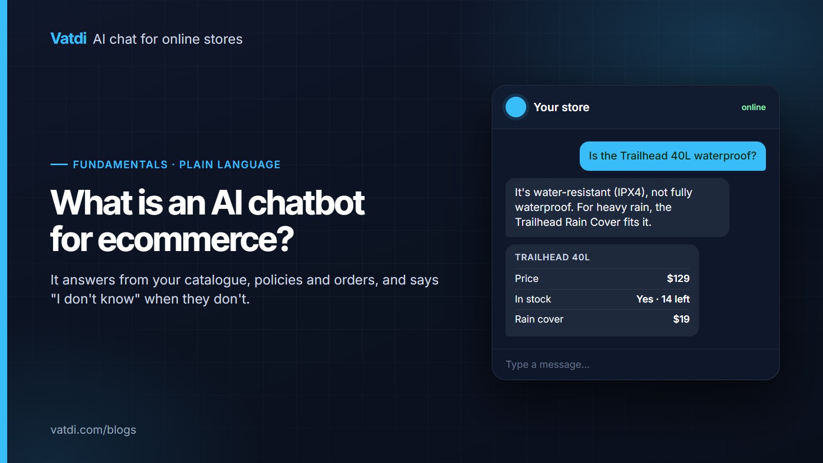 Store chat widget answering whether a backpack is waterproof, with a product card showing price and stock