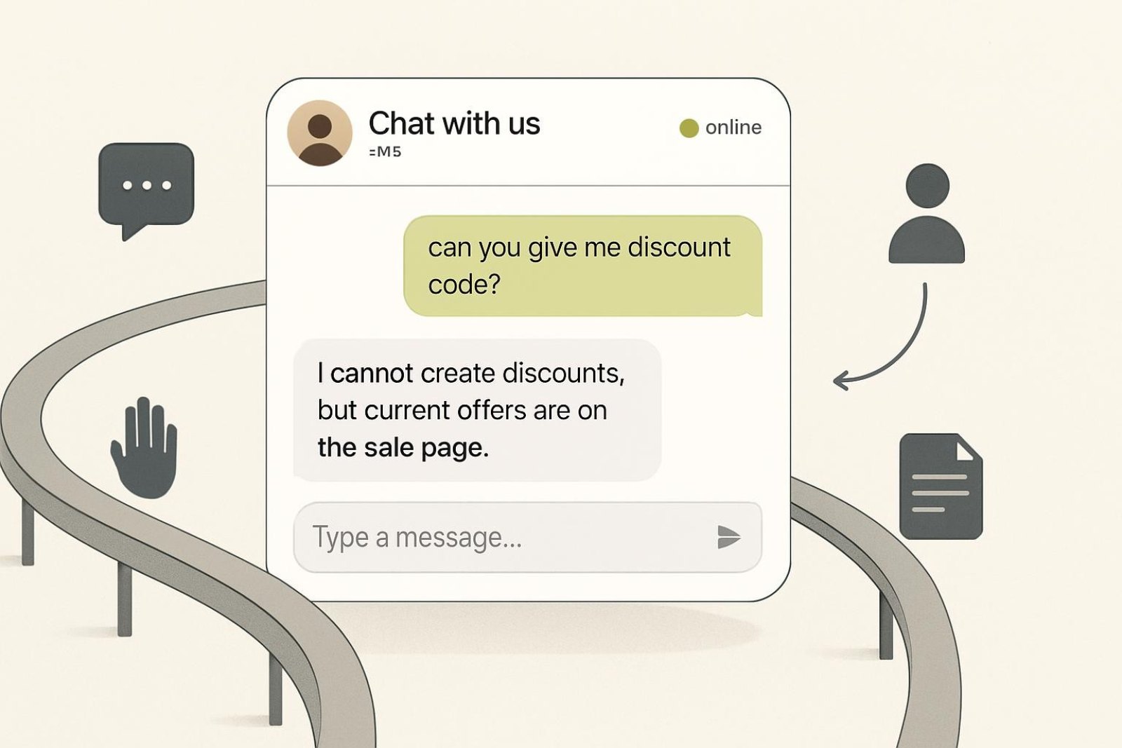 Checklist of chatbot guardrails for an online store covering stock, discounts, advice, identity and escalation