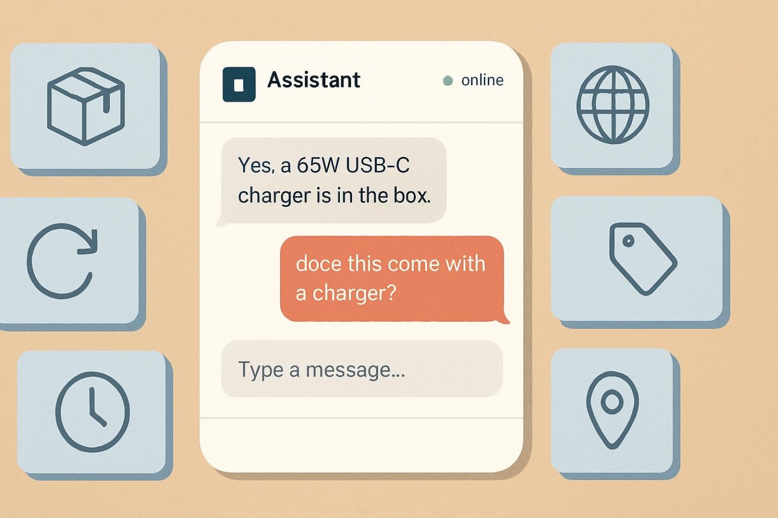 Chat conversation example showing an assistant answering a stock and delivery question for an online store