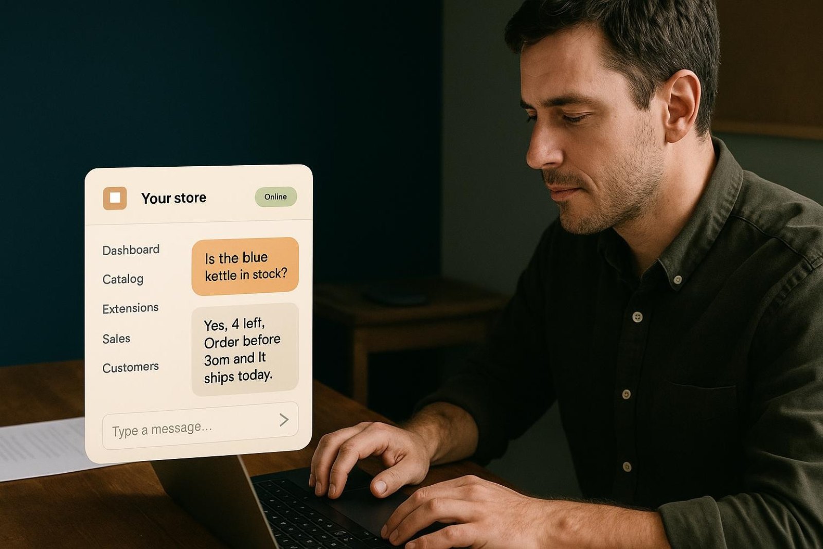 Four install steps for a chat plugin on OpenCart 3 and 4, from uploading the extension to enabling the widget